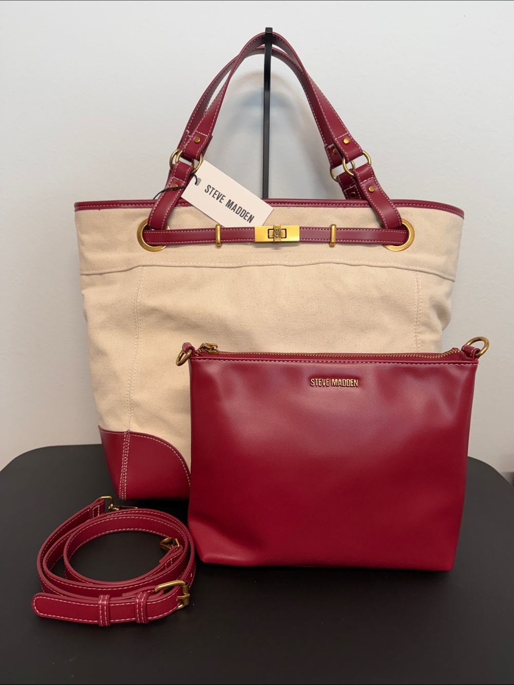 Steve Madden | Wine Canvas Boatkin Vacation Tote w/ Separate Purse & Crossbody